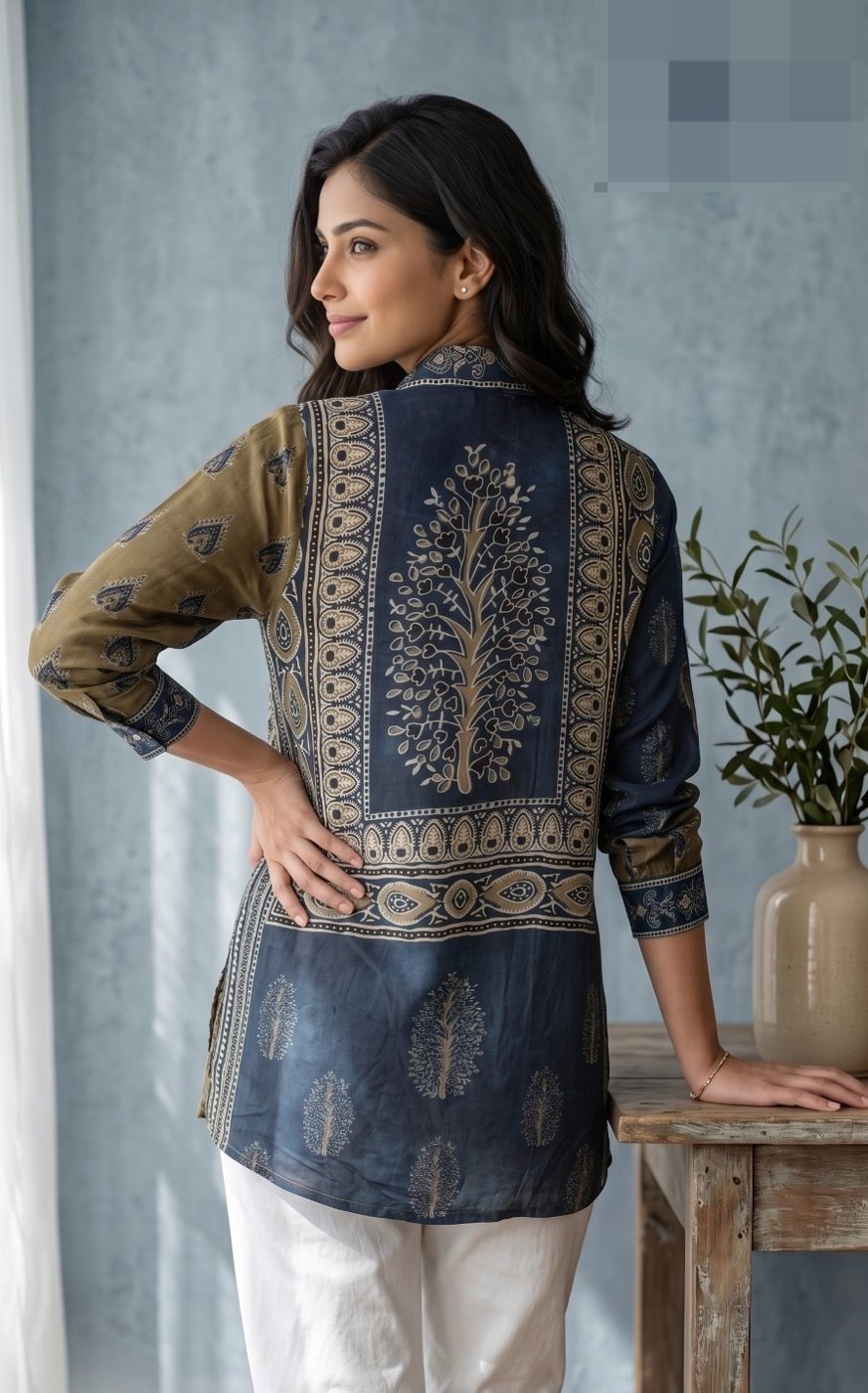 Olive and Navy Ajrakh Panel Crepe Shirt - Image 2
