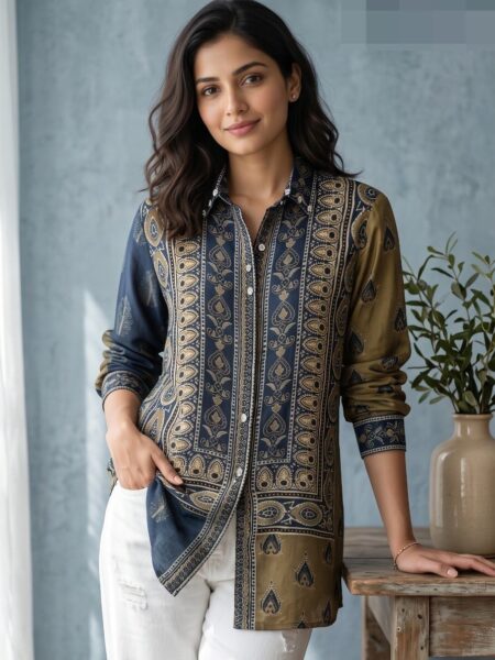 Olive and Navy Ajrakh Panel Crepe Shirt