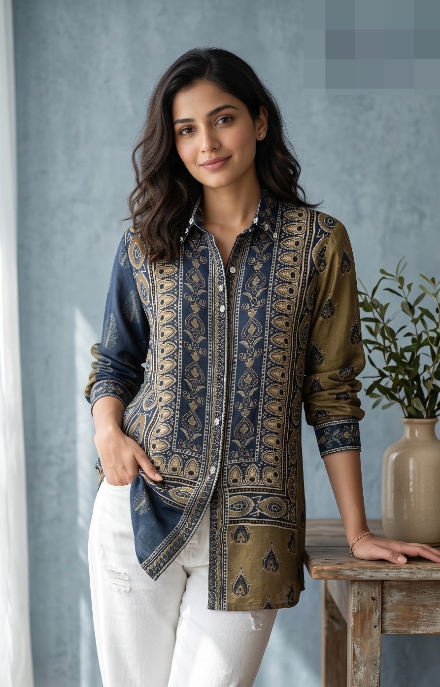 Olive and Navy Ajrakh Panel Crepe Shirt