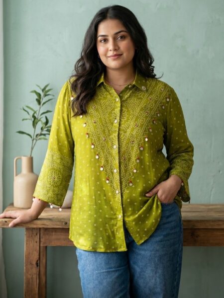 Lime Green Mirror Work Crepe Shirt