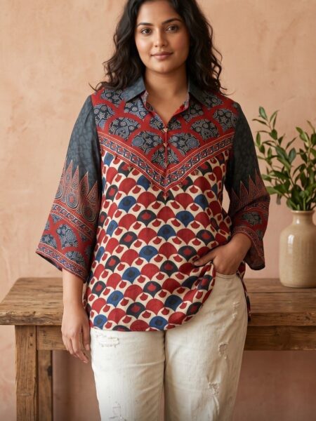Red and Blue Ajrakh Chevron Crepe Shirt