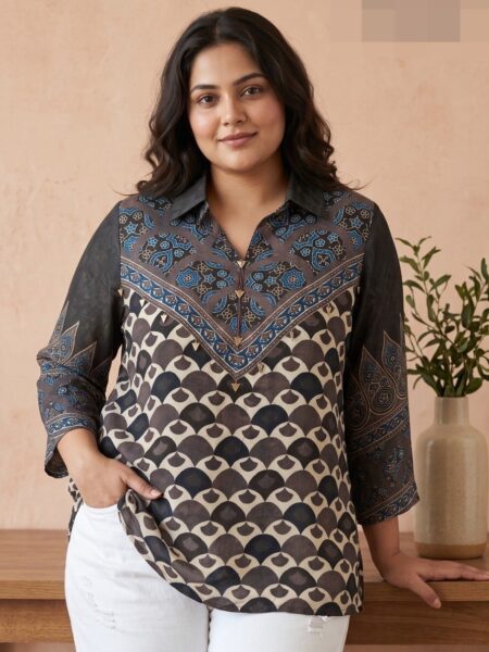 Grey and Cream Diamond Ajrakh Crepe Shirt