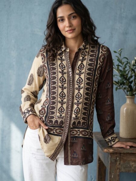 Cream and Brown Ajrakh Panel Crepe Shirt