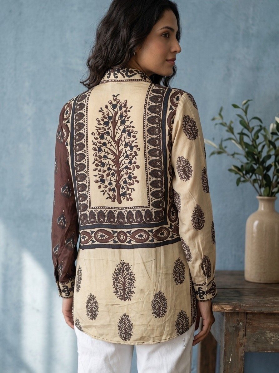 Cream and Brown Ajrakh Panel Crepe Shirt - Image 2