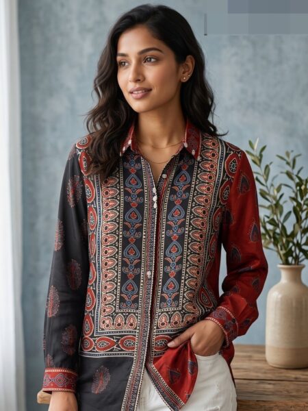Deep Red and Navy Ajrakh Crepe Shirt