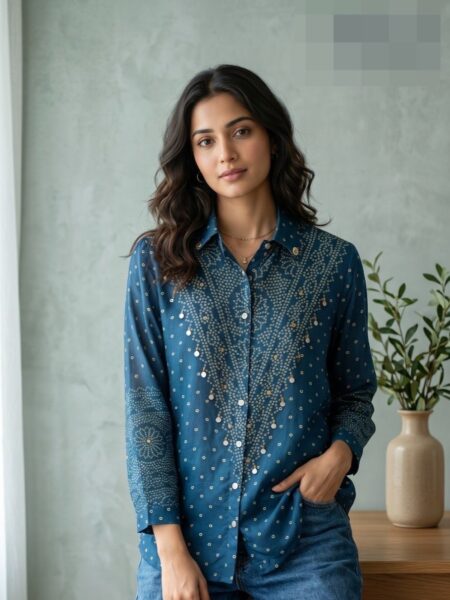 Blue Dotted Bandhani Crepe Shirt