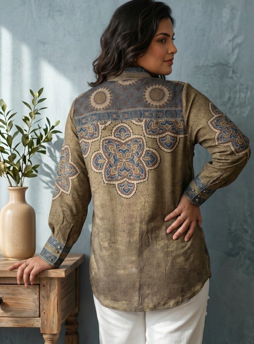 Slate Grey Ajrakh Crepe Shirt - Image 2