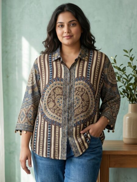 Brown and Gold Medallion Stripe Crepe Shirt