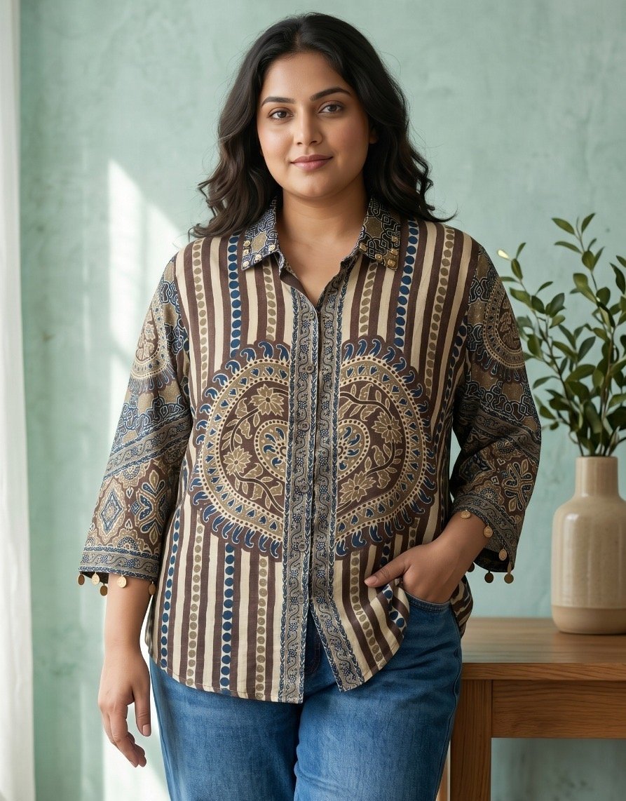 Brown and Gold Medallion Stripe Crepe Shirt