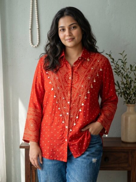 Red Mirror Work Crepe Shirt
