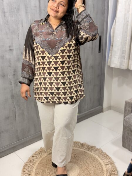 Brown and Gold Geometric Crepe Shirt