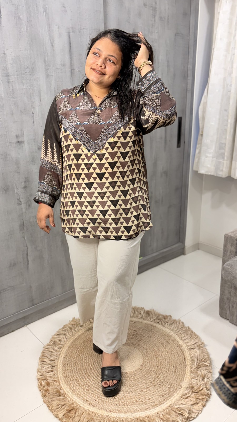 Brown and Gold Geometric Crepe Shirt