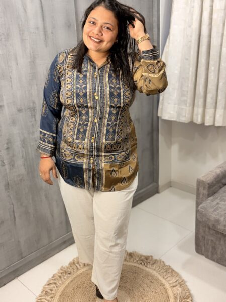 Denim Blue Gold Ajrakh Crepe Shirt