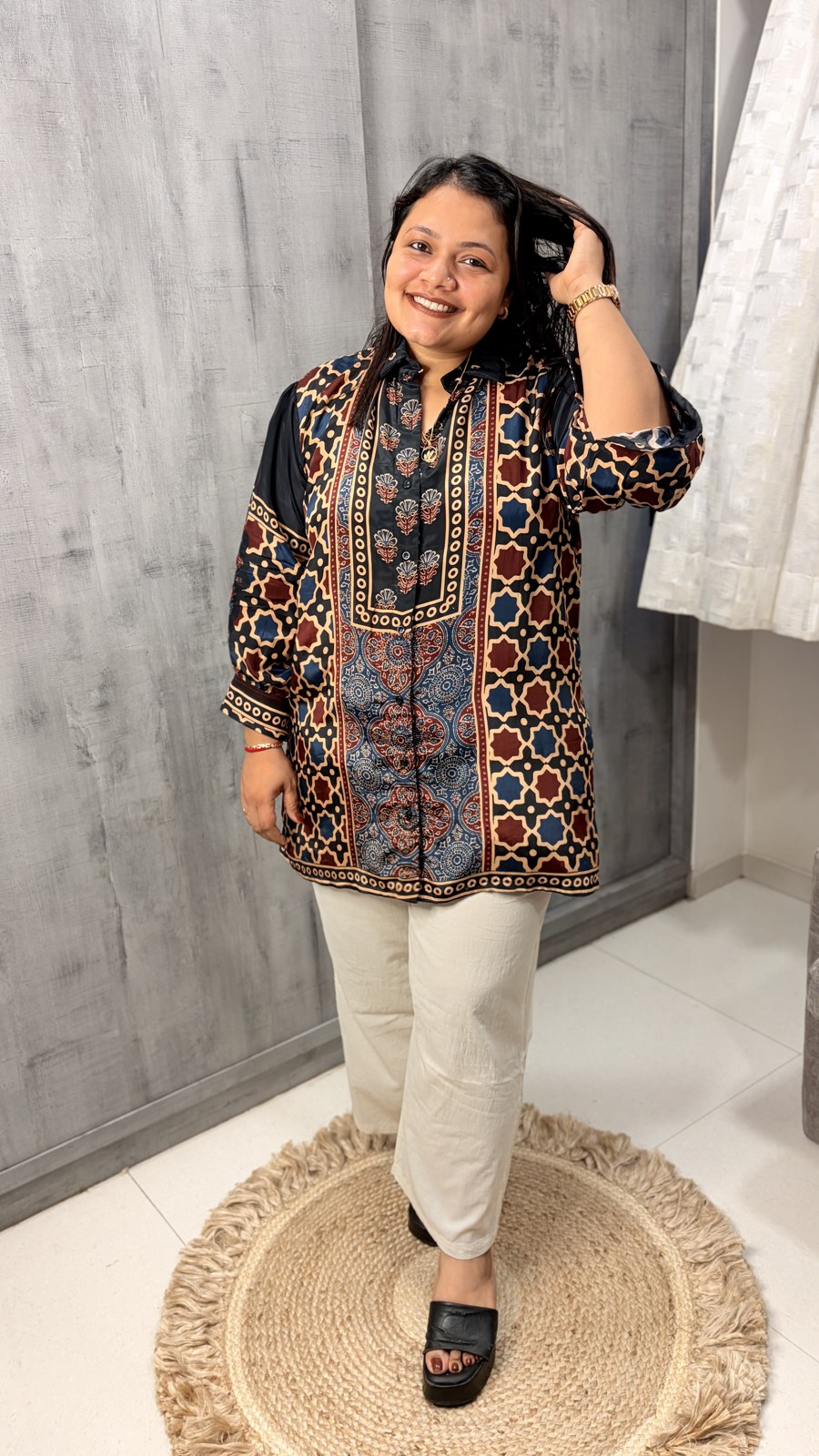 Black and Red Ajrakh Crepe Shirt - Image 2