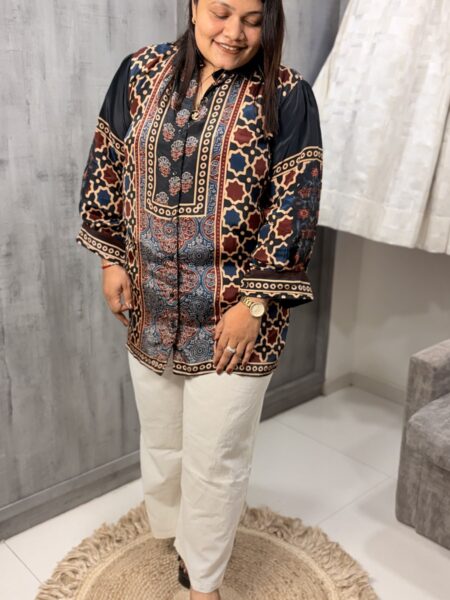 Black and Red Ajrakh Crepe Shirt