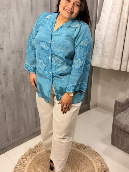 Turquoise Embroidered Crepe Shirt