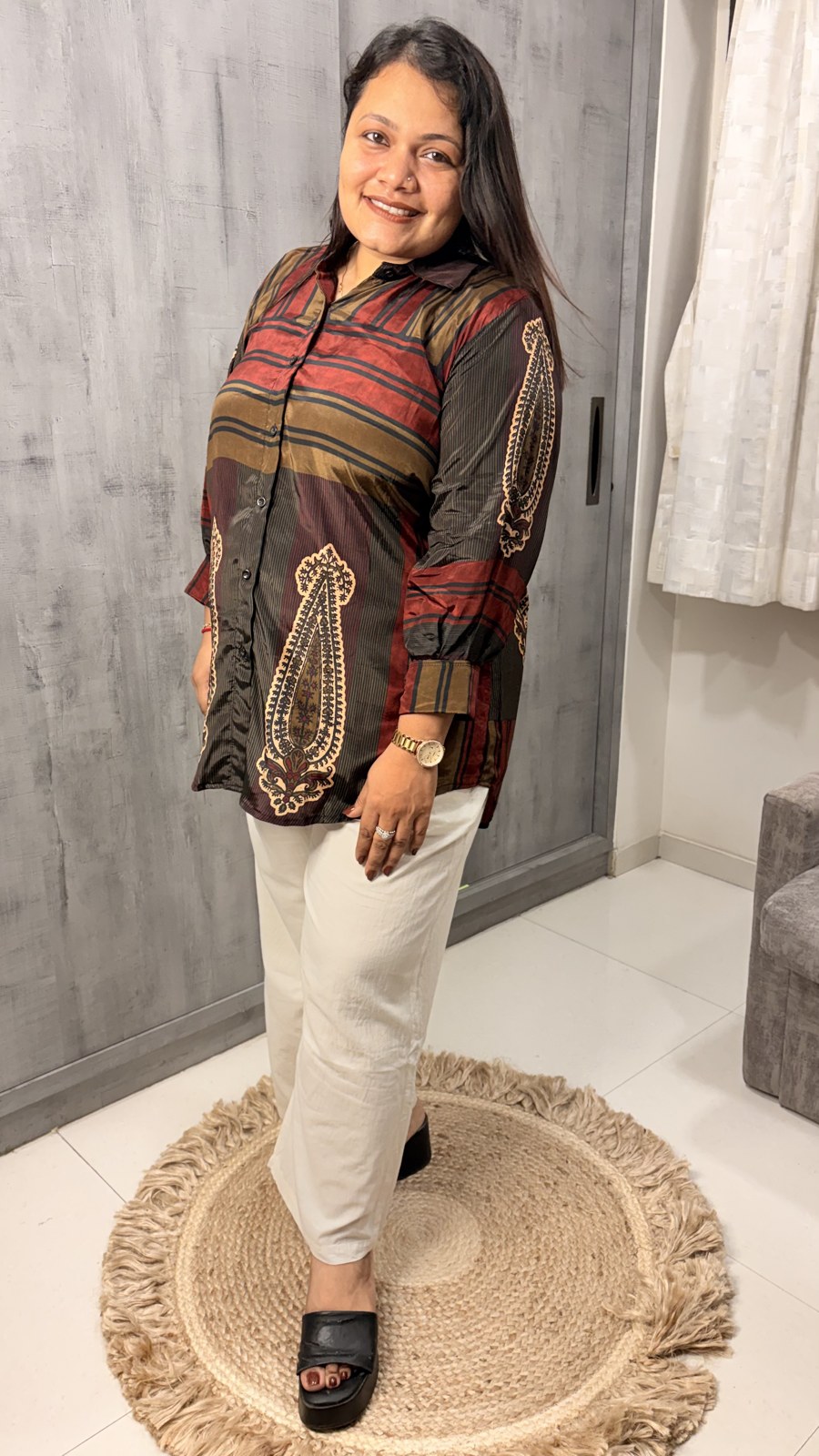 Red Stripe Paisley Crepe Shirt