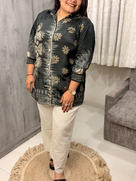 Dark Green Floral Crepe Shirt