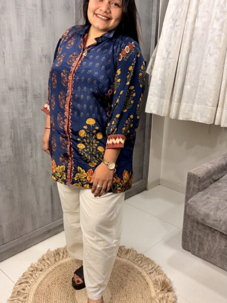 Navy Floral Ajrakh Crepe Shirt
