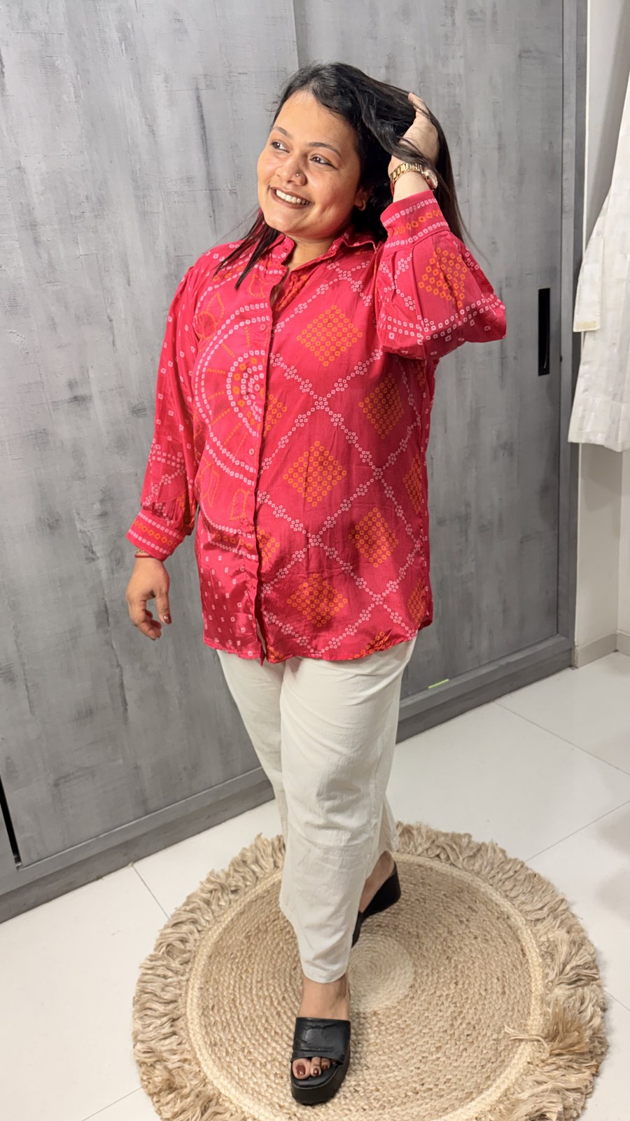 Pink and Red Bandhani Crepe Shirt - Image 2