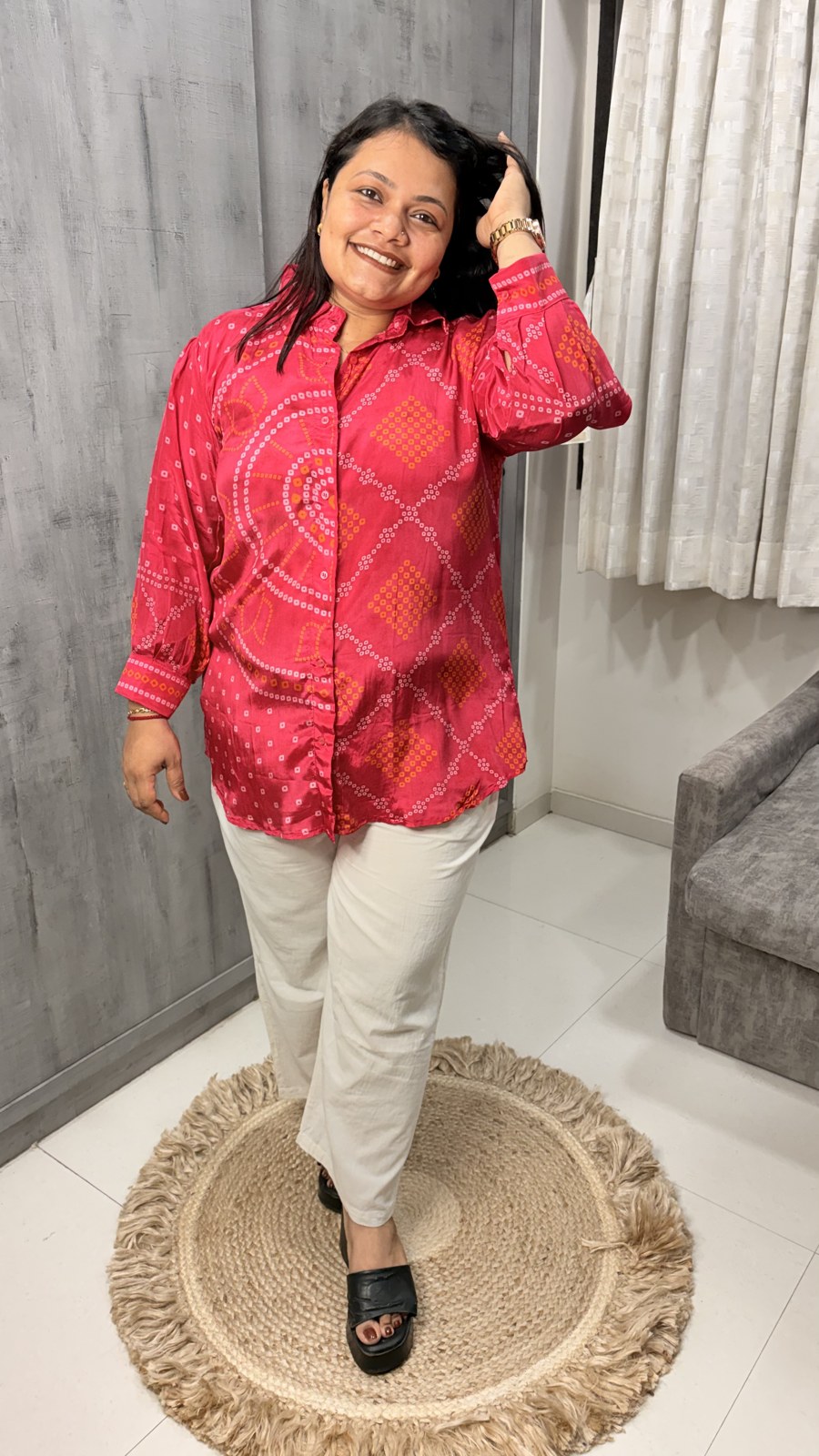 Pink and Red Bandhani Crepe Shirt - Image 3