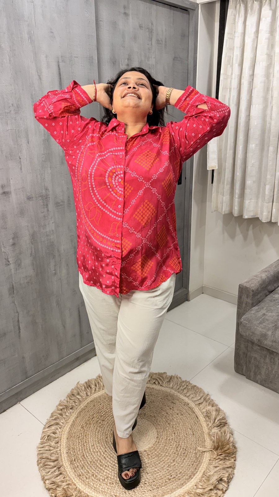 Pink and Red Bandhani Crepe Shirt - Image 4