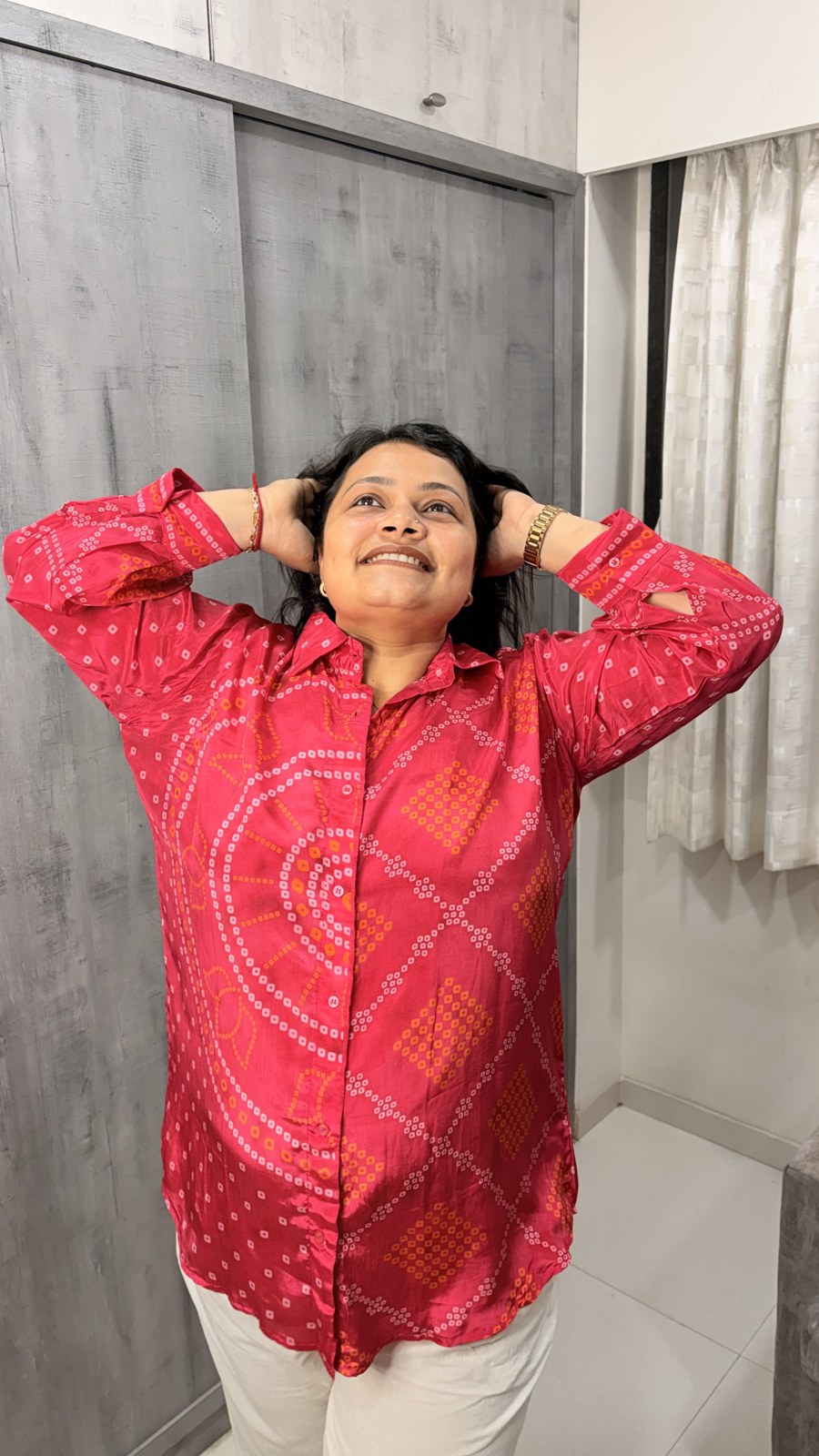 Pink and Red Bandhani Crepe Shirt - Image 5