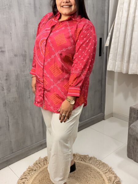 Pink and Red Bandhani Crepe Shirt