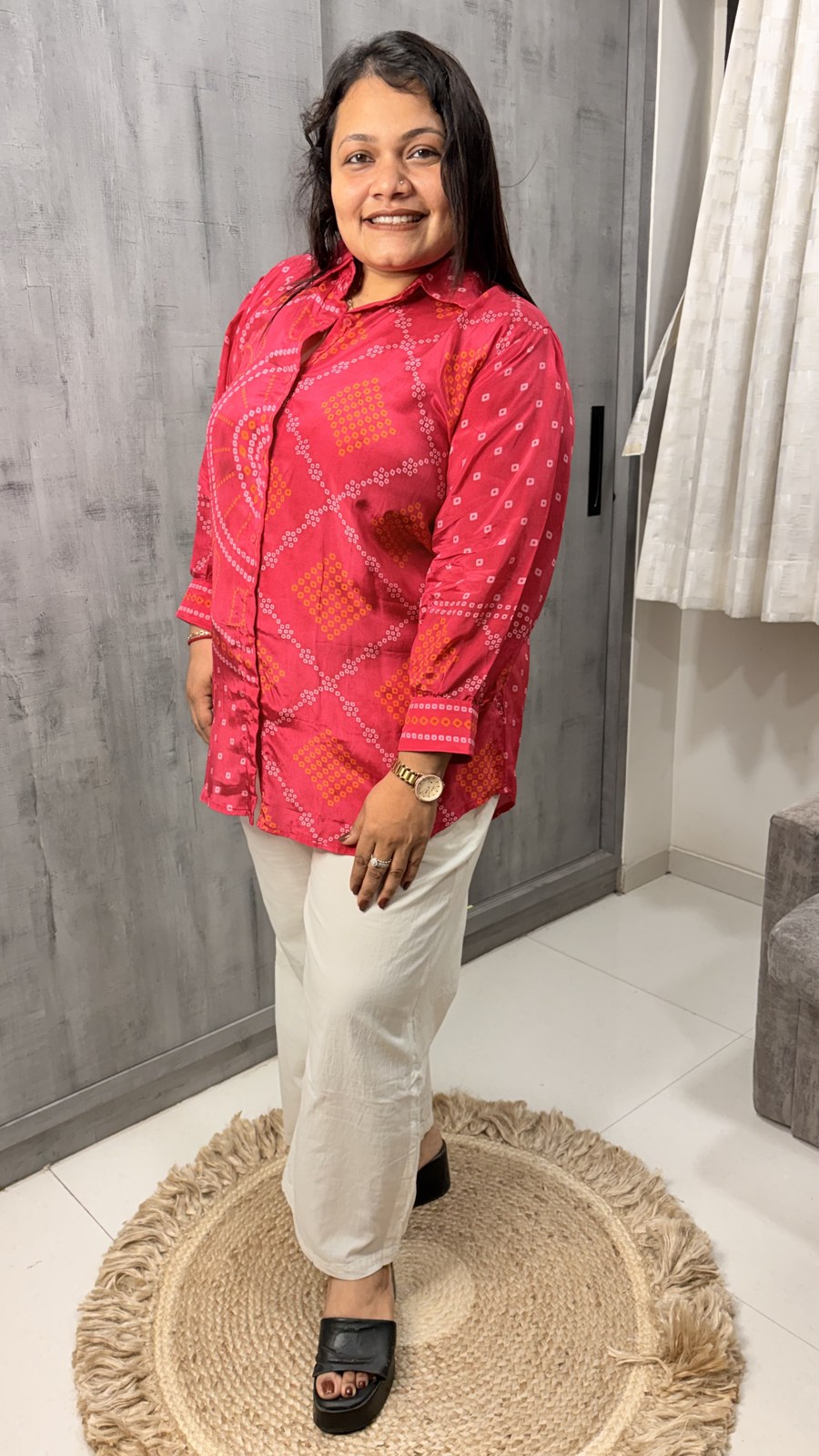 Pink and Red Bandhani Crepe Shirt