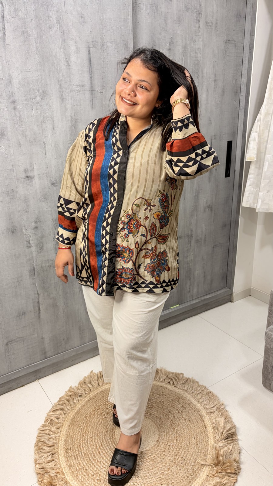 Beige Multi Panel Crepe Shirt - Image 2
