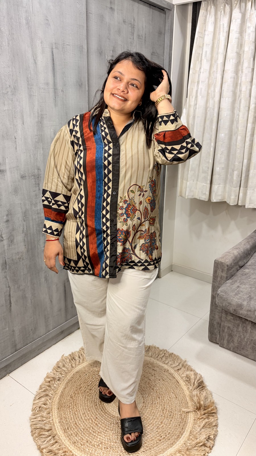 Beige Multi Panel Crepe Shirt - Image 3