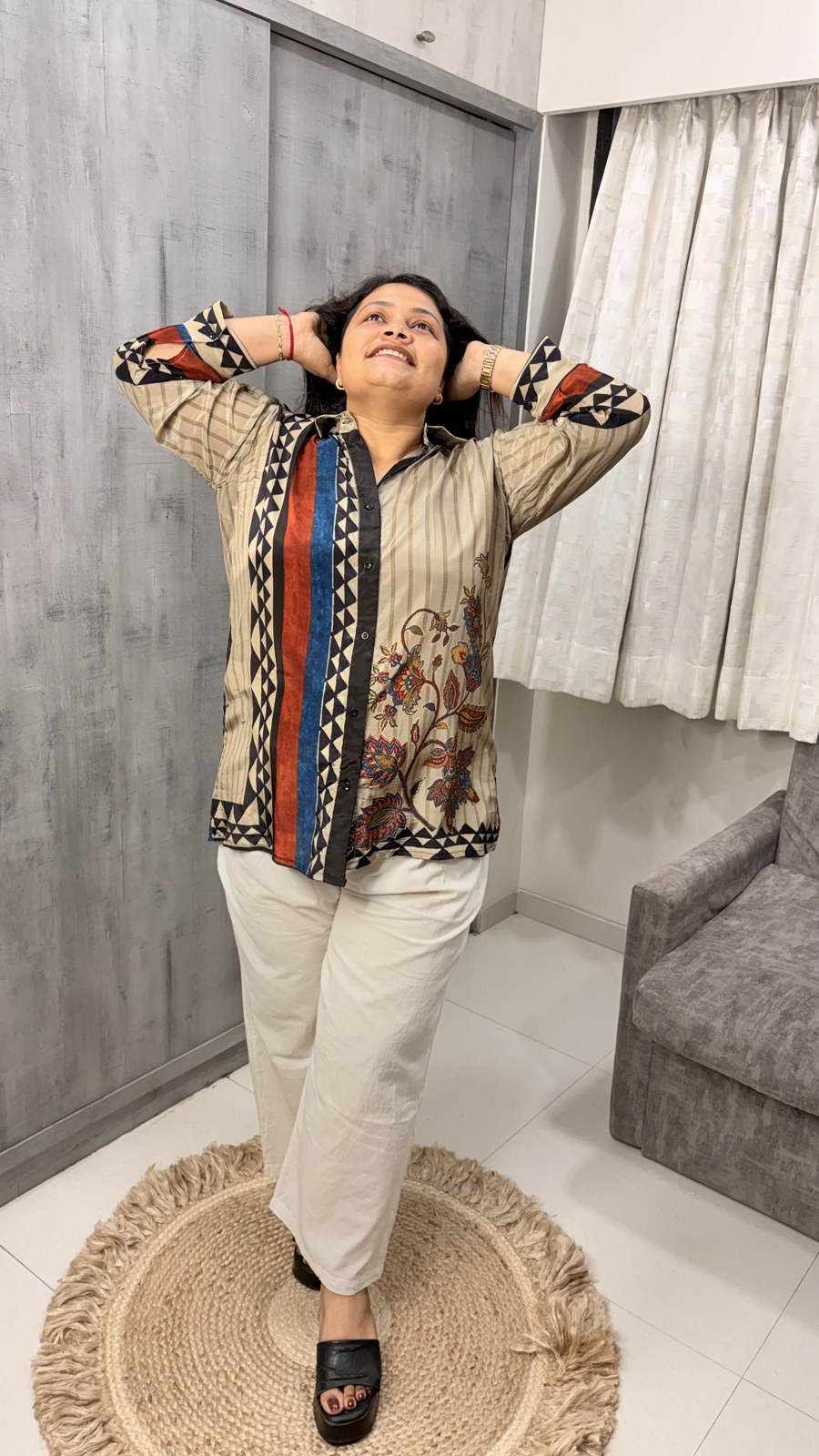 Beige Multi Panel Crepe Shirt - Image 4