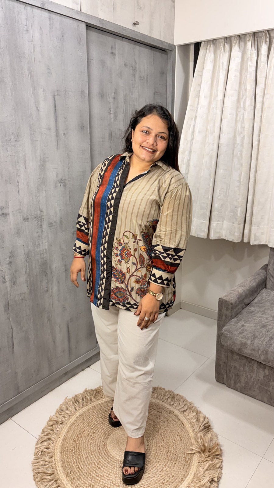 Beige Multi Panel Crepe Shirt