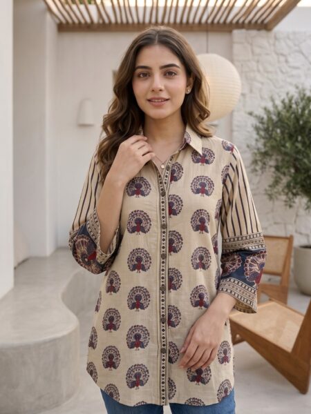 Beige Block Print Kurti