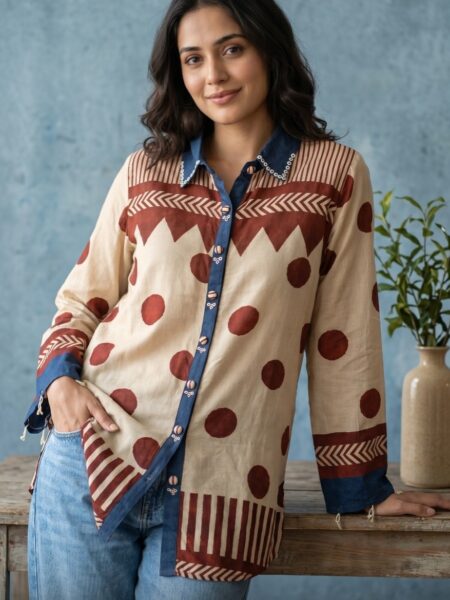 Beige Maroon Circle Print Shirt