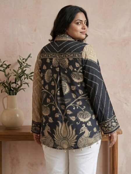 Beige Navy Lotus Print Shirt