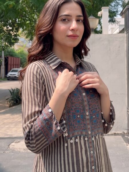 Beige Striped Printed Kurti