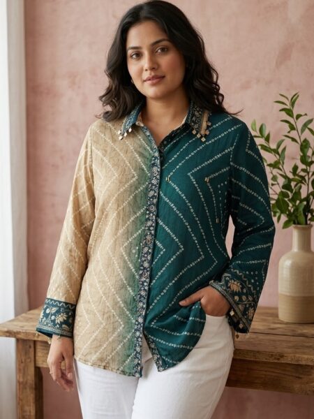 Beige Teal Bandhani Shirt