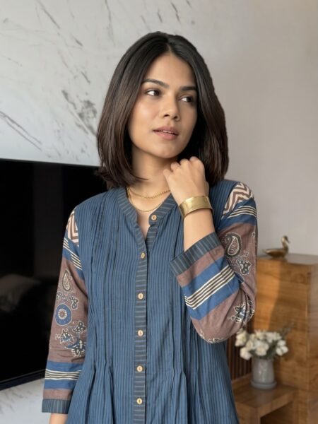Blue Grey Pleated Shirt