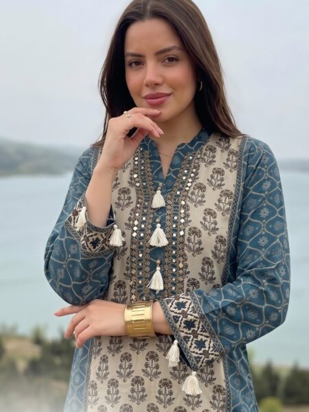 Blue Grey Printed Tassel Shirt