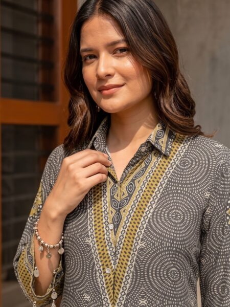 Grey Olive Embroidered Kurti