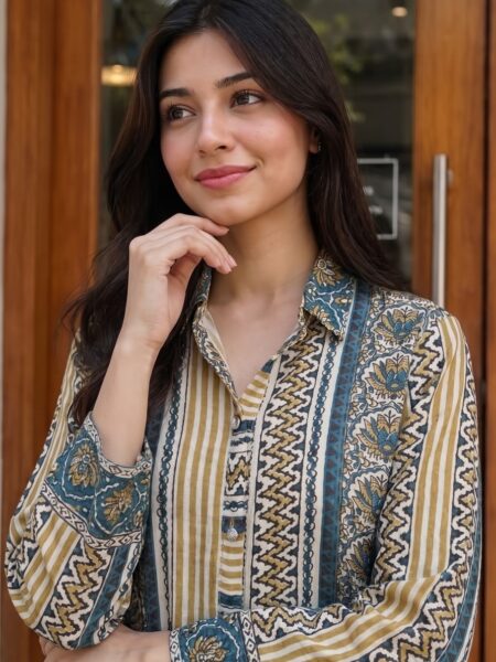Navy Beige Striped Kurti