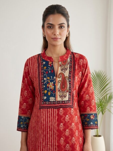 Red Printed Yoke Kurti