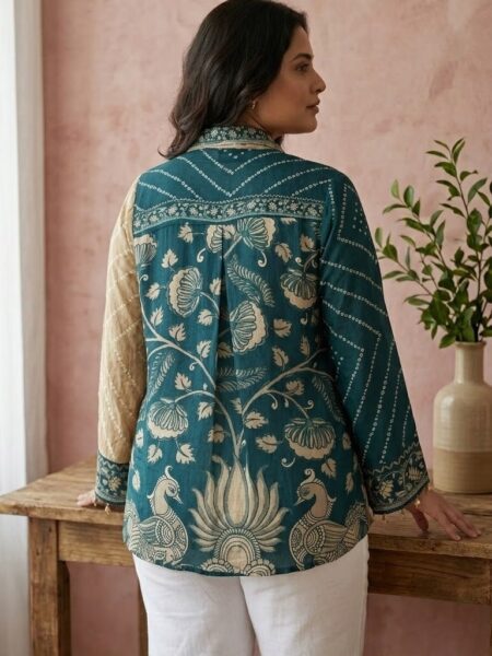 Teal Beige Lotus Print Shirt