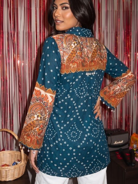 Teal Orange Bandhani Short Kurti