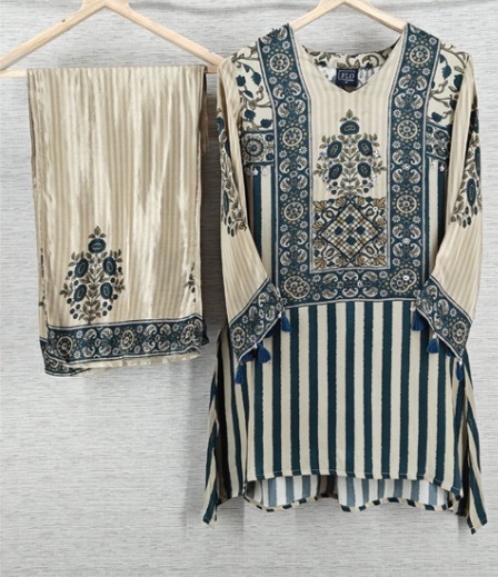 Beige Navy Striped Kurti Set