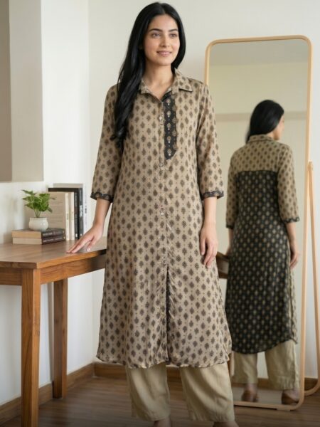 Beige Printed Long Kurta Set