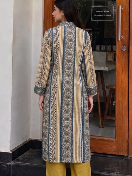 Beige Striped Kurta Mustard Palazzo