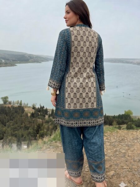 Blue Denim Printed Kurta Palazzo Set