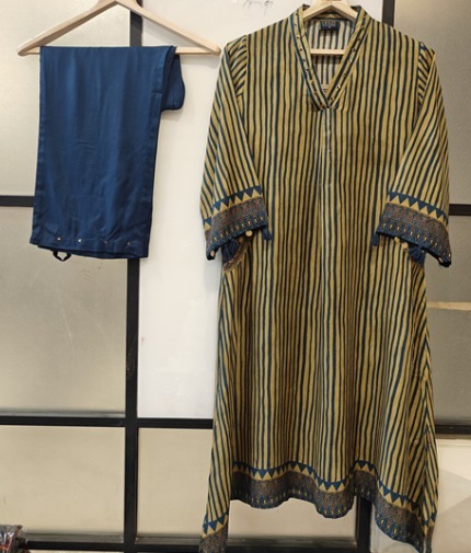 Blue Olive Striped Kurta Set